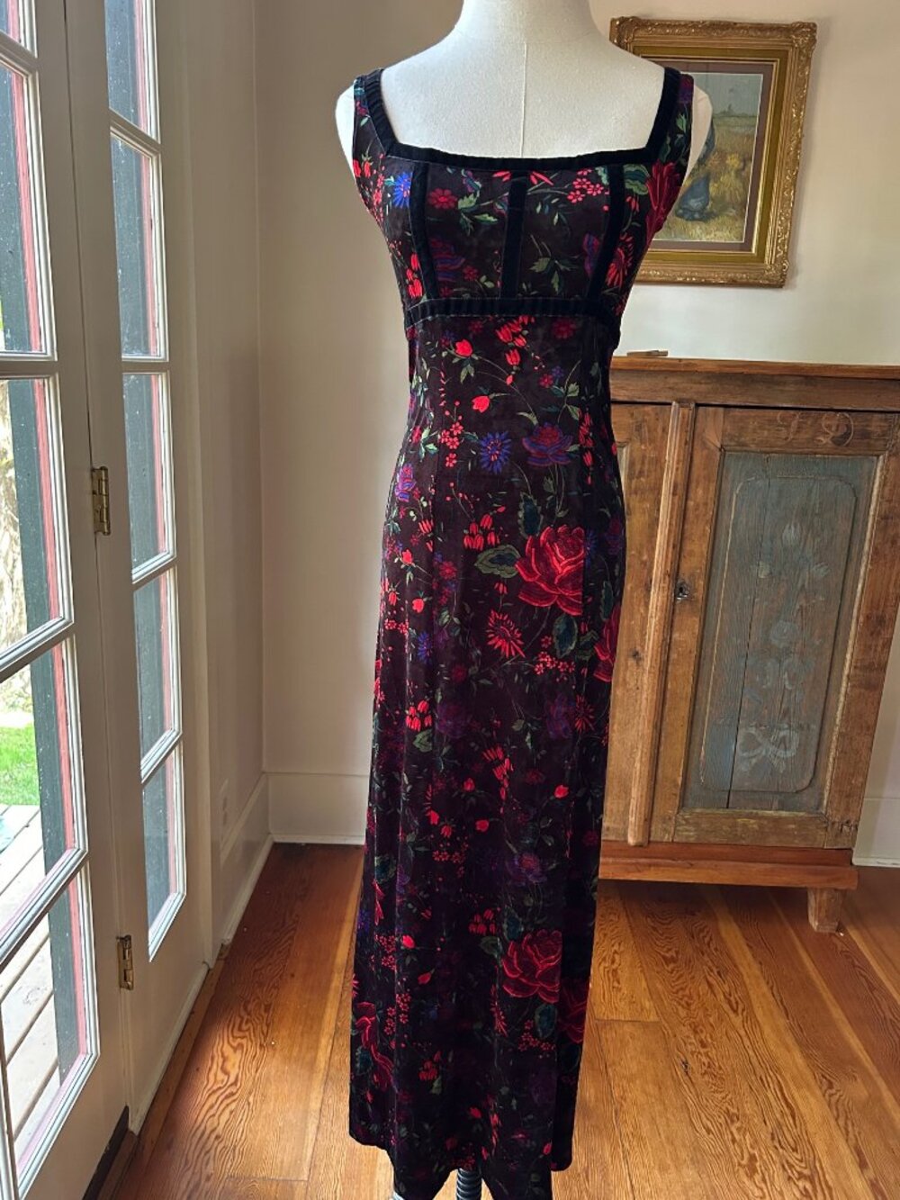 Vintage Betsey Johnson New York Velvet Floral Maxi Dress - Picture 2 of 8